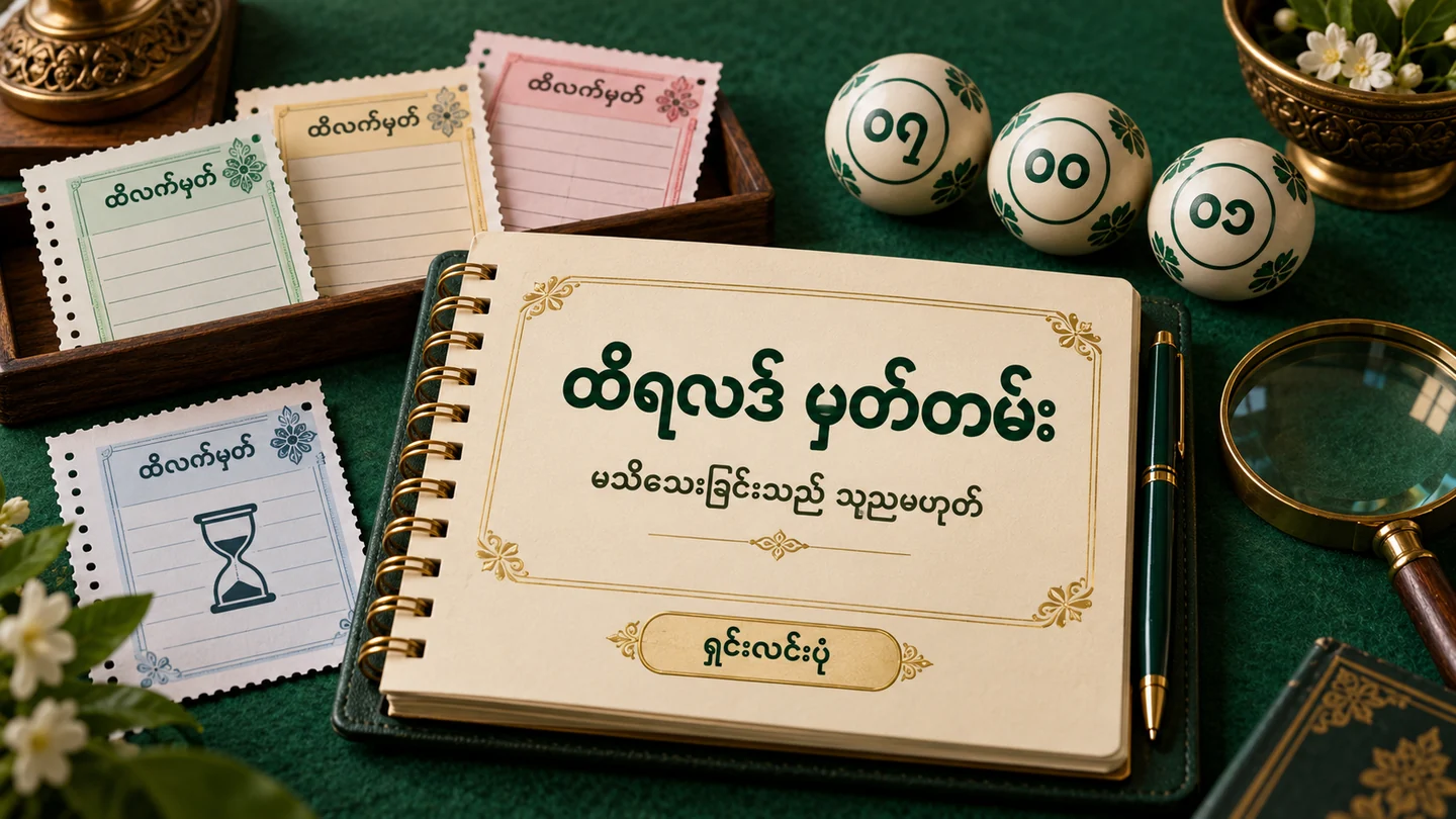 ထီလက်မှတ်ပုံစံ စာရွက်များ၊ ဂဏန်းဘောလုံးများနှင့် ရလဒ်မှတ်တမ်းစာအုပ်ကို ဖော်ပြထားသော ရှင်းလင်းပုံ
