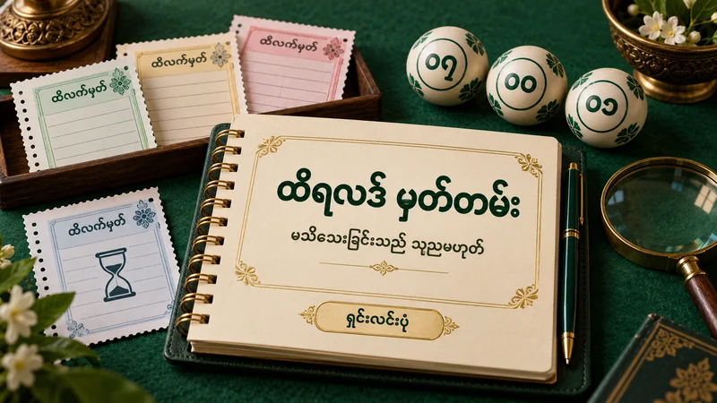ထီလက်မှတ်ပုံစံ စာရွက်များ၊ ဂဏန်းဘောလုံးများနှင့် ရလဒ်မှတ်တမ်းစာအုပ်ကို ဖော်ပြထားသော ရှင်းလင်းပုံ