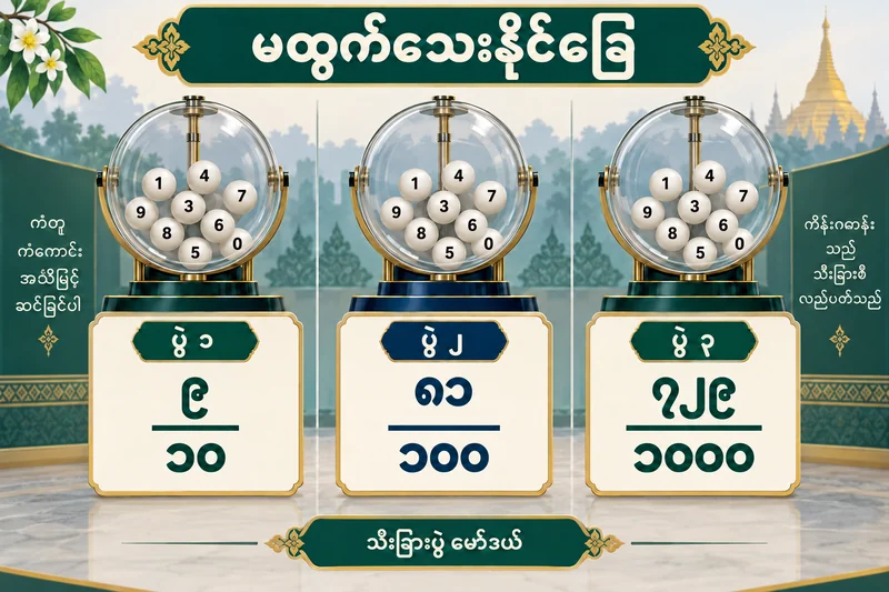 သီးခြားထီမော်ဒယ်တွင် တစ်၊ နှစ်၊ သုံးပွဲ မထွက်သေးနိုင်ခြေကို ၉/၁၀၊ ၈၁/၁၀၀၊ ၇၂၉/၁၀၀၀ ဖြင့် ပြထားသောပုံ