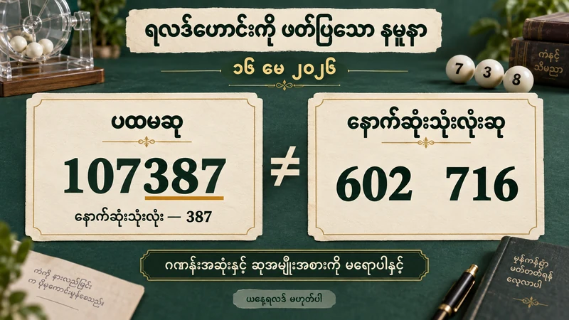 ၁၆ မေ ၂၀၂၆ ရလဒ်ဟောင်းတွင် ပထမဆု 107387 နှင့် သီးခြားနောက်ဆုံးသုံးလုံးဆု 602၊ 716 တို့ကို ခွဲပြထားသော နမူနာ